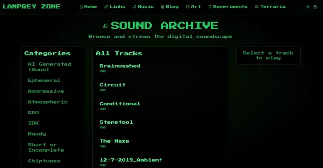 ai generated website examples, lamprey zone music homepage